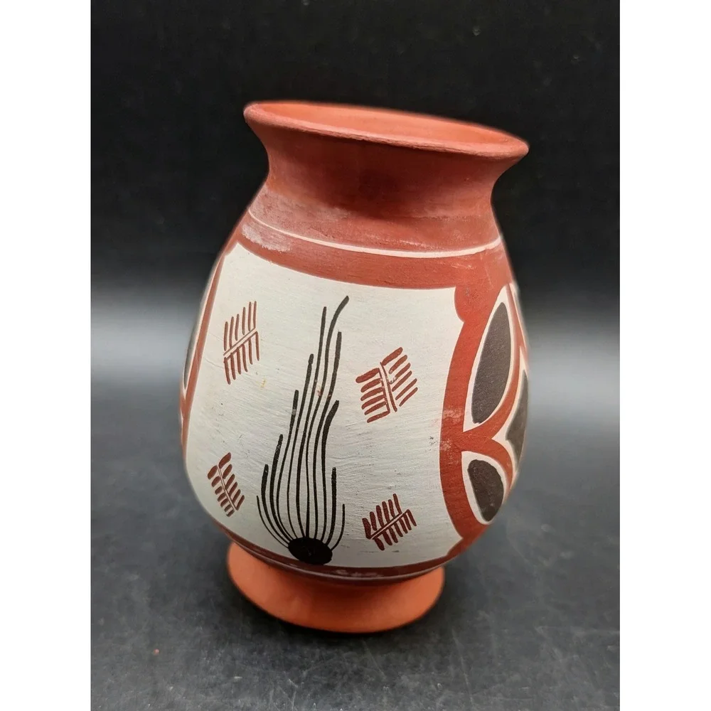 Hand Painted Terracotta Pottery Vase Geometric Tribal Red White Black 5